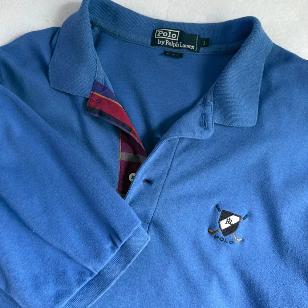 Polo Ralph Lauren Vintage Golf Crest Polo Shirt Blue Large Fit XL Plaid Placket